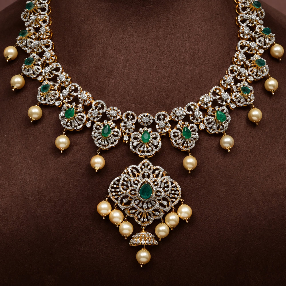 women 92.5 Silver Emerald CZ Necklace Set with Pearls | Sri Fine Jewellery Hyderabad