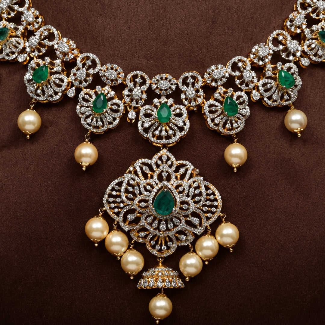 92.5 Sterling Silver Emerald CZ Necklace Set with Pearls | Sri Fine Jewellery Hyderabad
