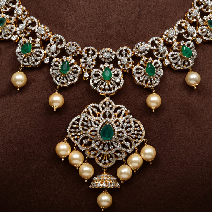 92.5 Sterling Silver Emerald CZ Necklace Set with Pearls | Sri Fine Jewellery Hyderabad