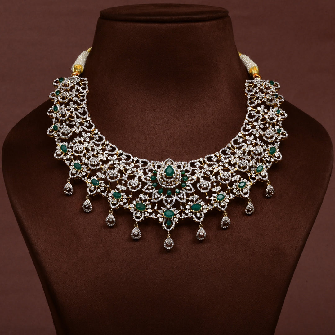 Hriday collection of 92.5 silver short necklace with CZ stones, intricate  design for bridal and festive wear by Sri fine jewellery, Hyderabad.
(https://www.srifinejewellery.com)