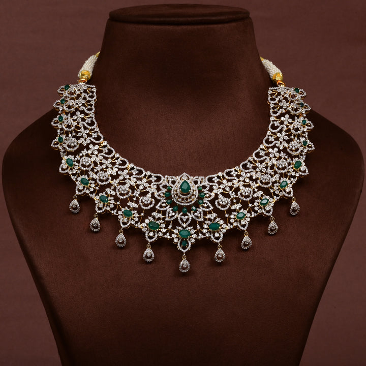 Hriday collection of 92.5 silver short necklace with CZ stones, intricate  design for bridal and festive wear by Sri fine jewellery, Hyderabad.
(https://www.srifinejewellery.com)
