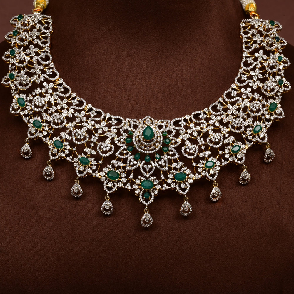 Hriday collection of 92.5 silver short necklace with CZ stones, intricate  design for bridal and festive wear by Sri fine jewellery, Hyderabad.
(https://www.srifinejewellery.com)
