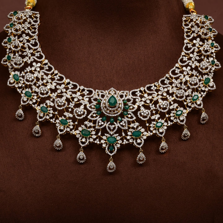 Hriday collection of 92.5 silver short necklace with CZ stones, intricate  design for bridal and festive wear by Sri fine jewellery, Hyderabad.
(https://www.srifinejewellery.com)