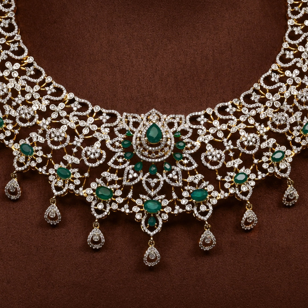 Close-up of Hriday collection of 92.5 silver short necklace with CZ stones, intricate  design for bridal and festive wear by Sri fine jewellery, Hyderabad.
(https://www.srifinejewellery.com)