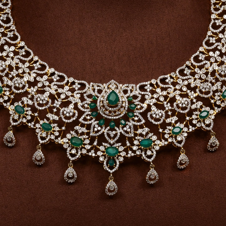 Close-up of Hriday collection of 92.5 silver short necklace with CZ stones, intricate  design for bridal and festive wear by Sri fine jewellery, Hyderabad.
(https://www.srifinejewellery.com)