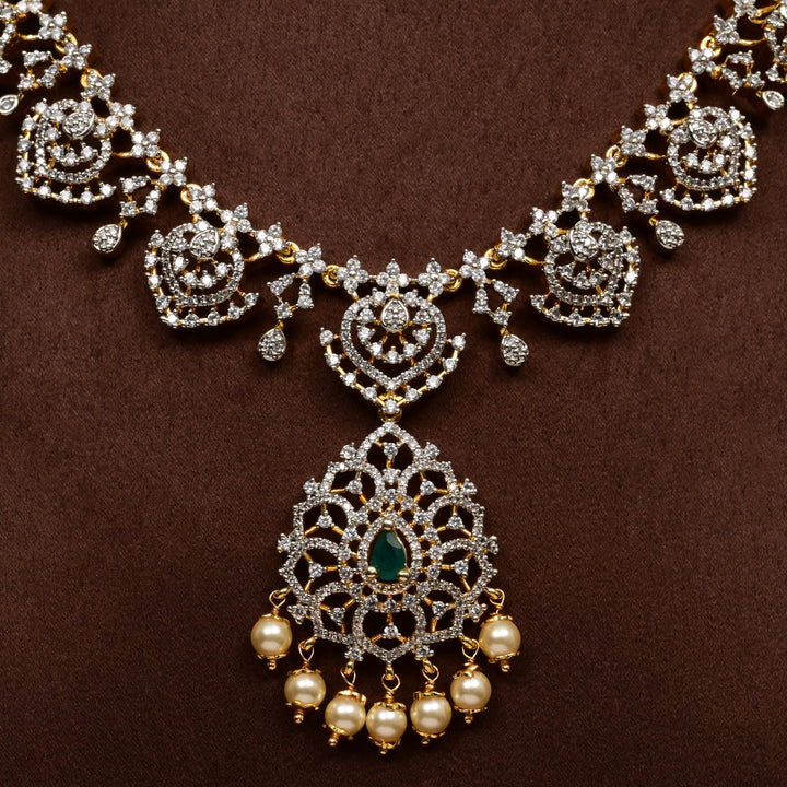 Close-up of Hriday collection of 92.5 silver short necklace with CZ stones, intricate floral motifs, and pendant design for bridal and festive wear by Sri fine jewellery, Hyderabad.