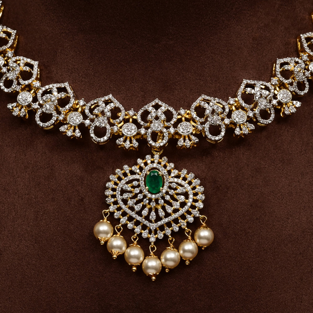 Close-up of Hriday collection of 92.5 silver short necklace with CZ stones, intricate  design for bridal and festive wear by Sri fine jewellery, Hyderabad.
(https://www.srifinejewellery.com)