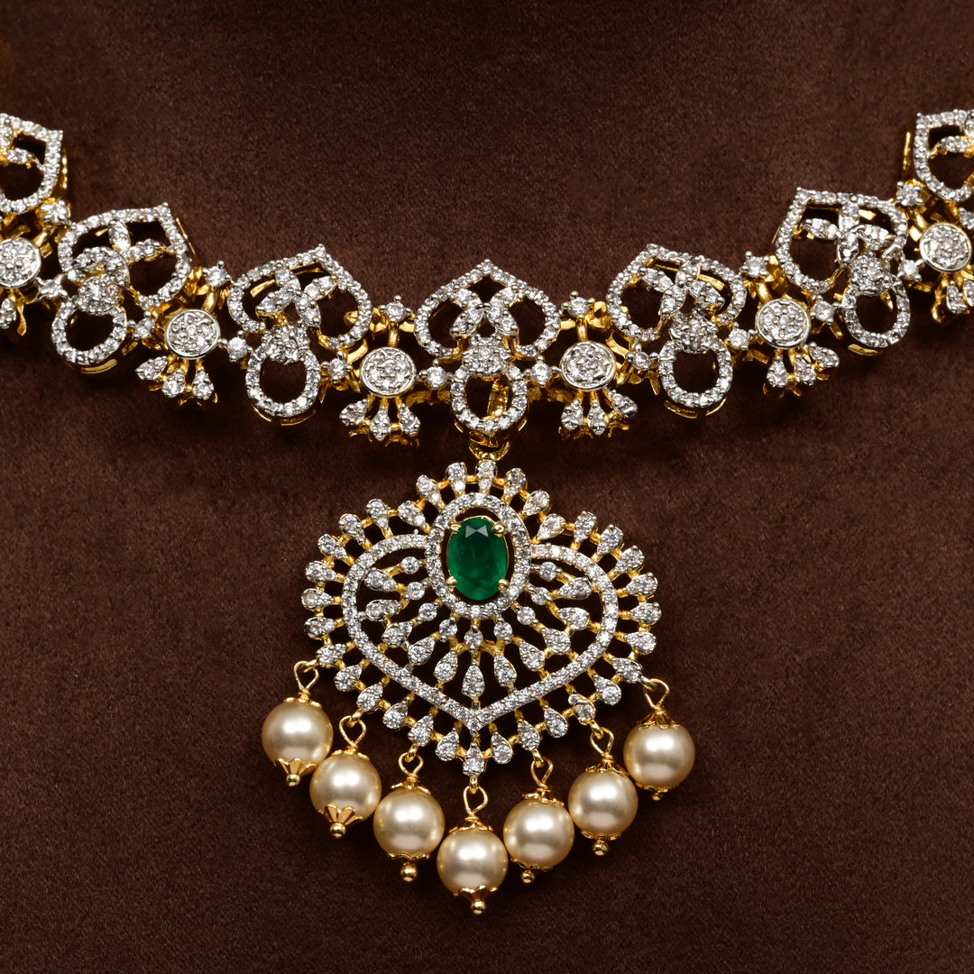Close-up of Hriday collection of 92.5 silver short necklace with CZ stones, intricate  design for bridal and festive wear by Sri fine jewellery, Hyderabad.
(https://www.srifinejewellery.com)