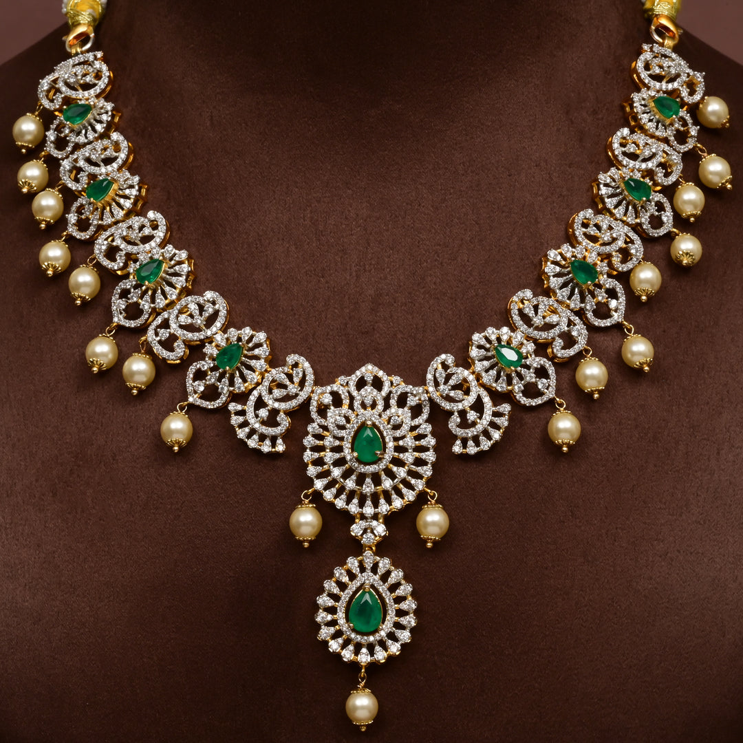 Hriday collection of 92.5 silver short necklace with CZ stones, intricate  design for bridal and festive wear by Sri fine jewellery, Hyderabad.
(https://www.srifinejewellery.com)