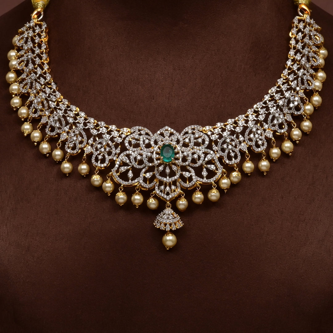 Hriday collection of 92.5 silver short necklace with CZ stones, intricate  design for bridal and festive wear by Sri fine jewellery, Hyderabad.
(https://www.srifinejewellery.com)