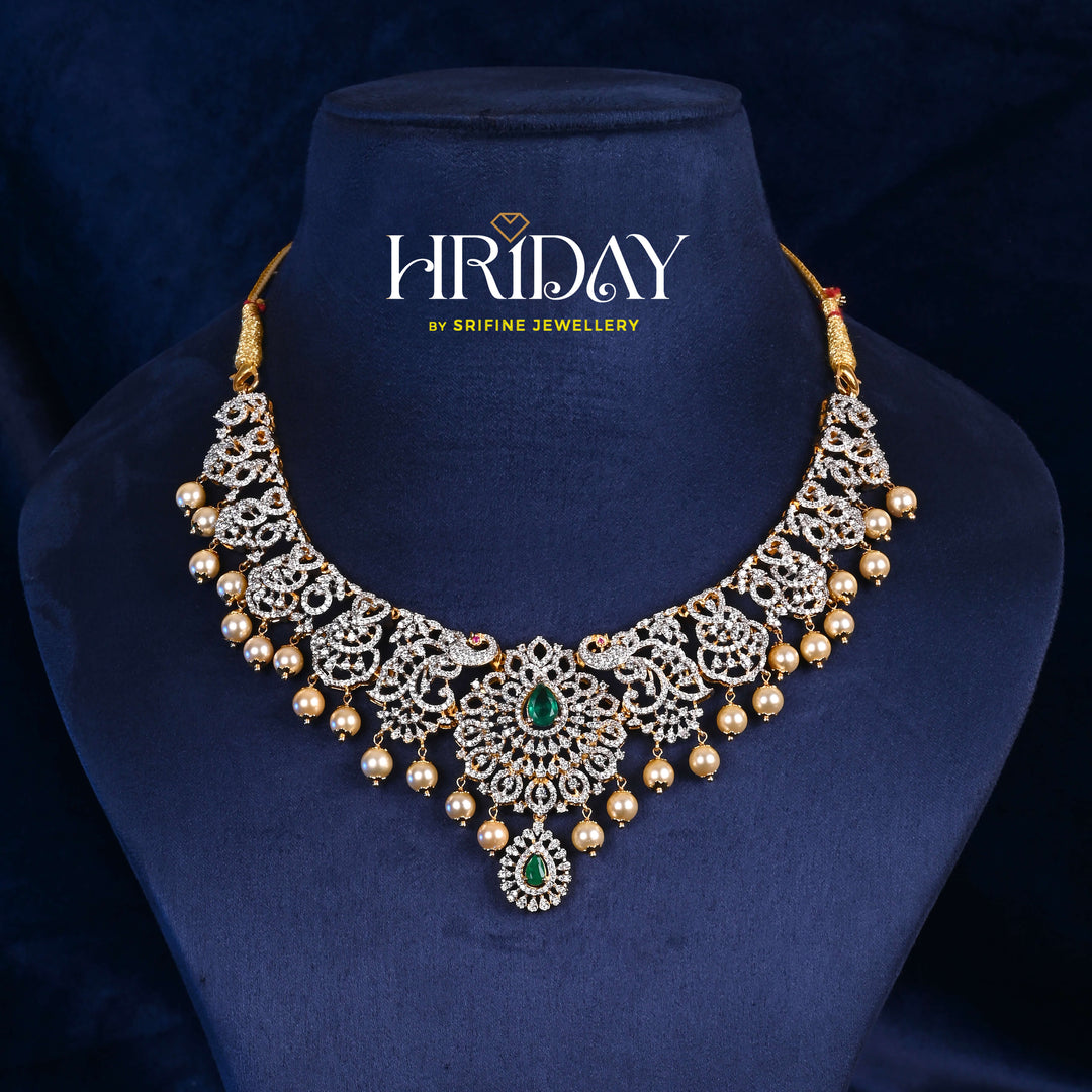 Hriday collection of 92.5 silver short necklace with CZ stones, intricate  design for bridal and festive wear by Sri fine jewellery, Hyderabad.
(https://www.srifinejewellery.com)