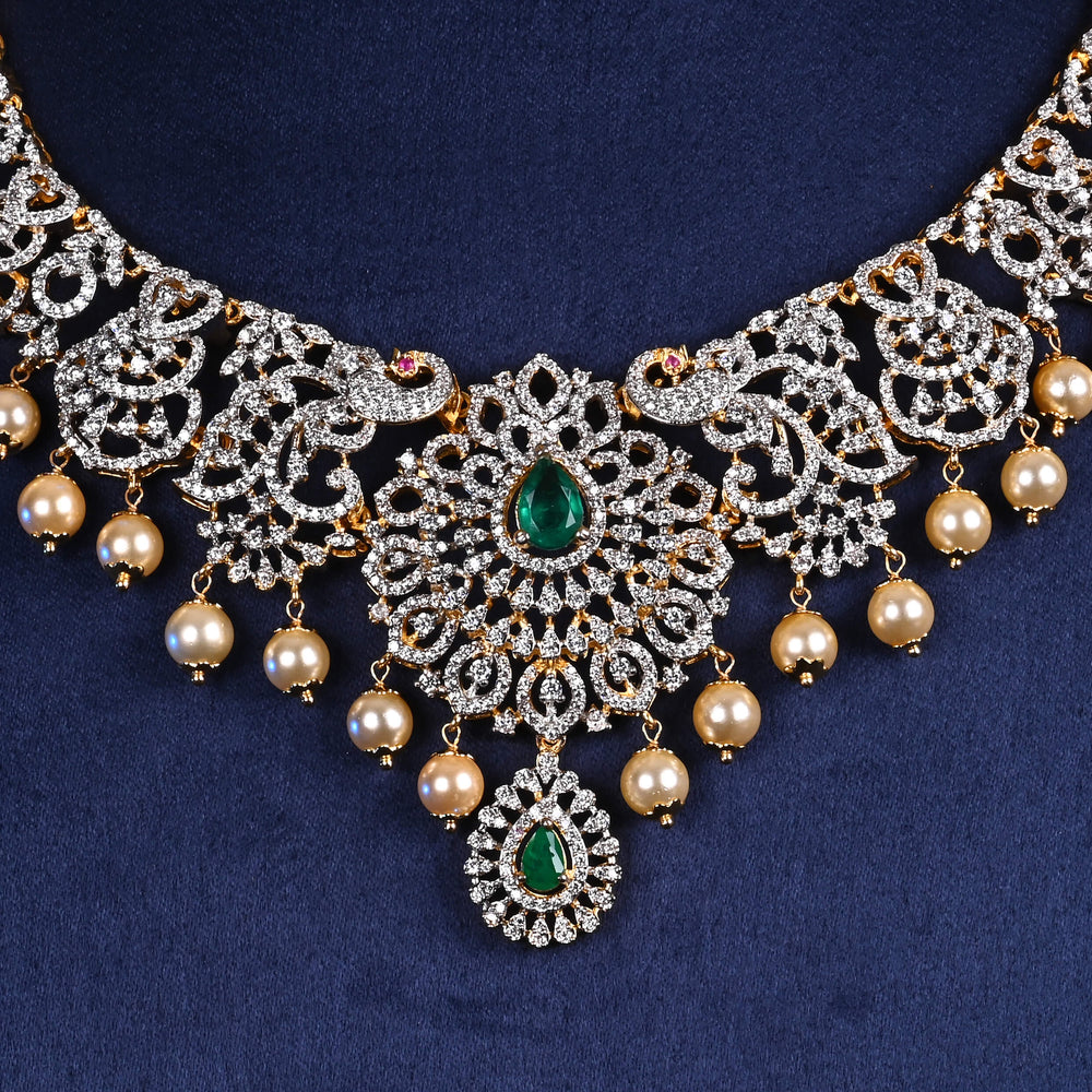 Hriday collection of 92.5 silver short necklace with CZ stones, intricate  design for bridal and festive wear by Sri fine jewellery, Hyderabad.
(https://www.srifinejewellery.com)