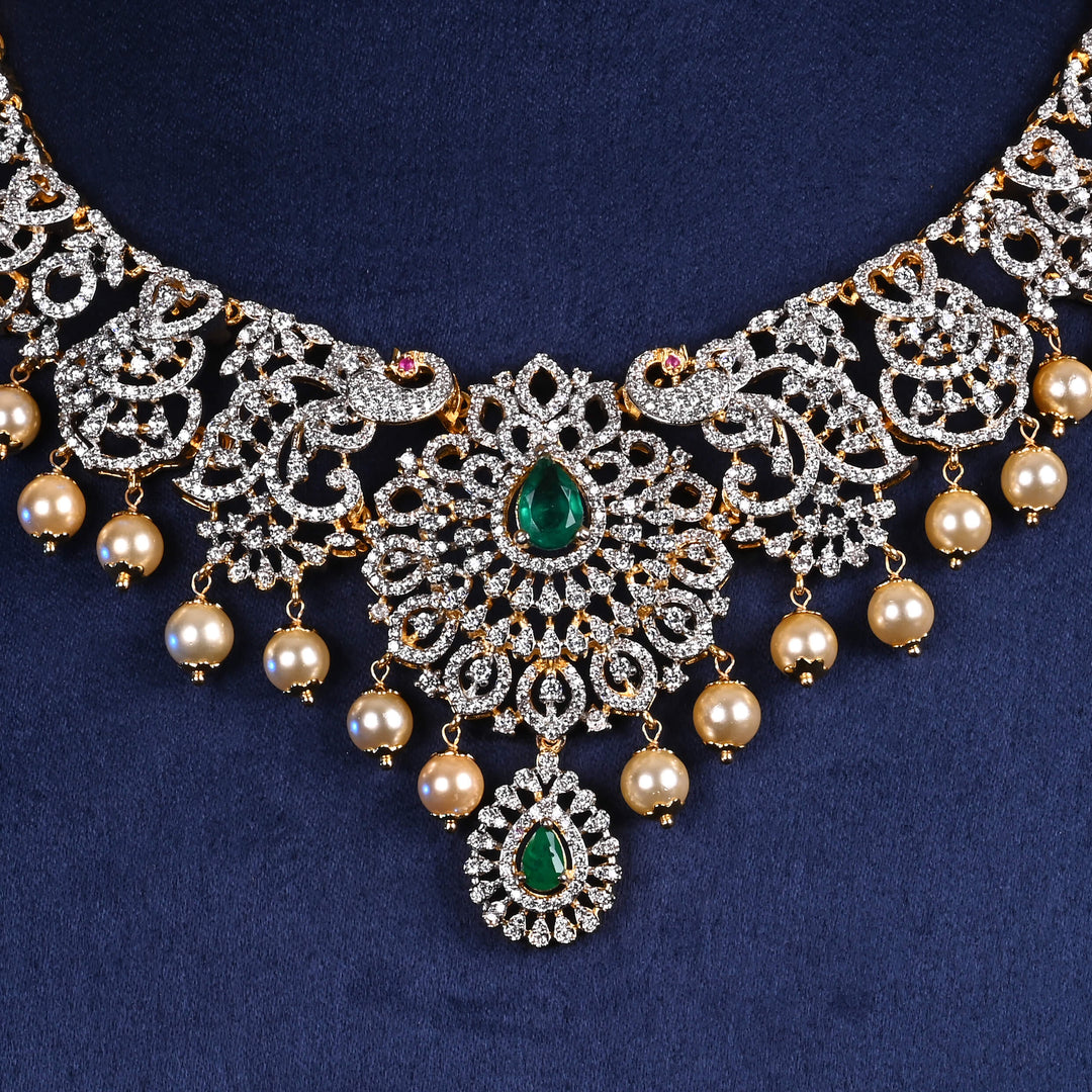 Hriday collection of 92.5 silver short necklace with CZ stones, intricate  design for bridal and festive wear by Sri fine jewellery, Hyderabad.
(https://www.srifinejewellery.com)