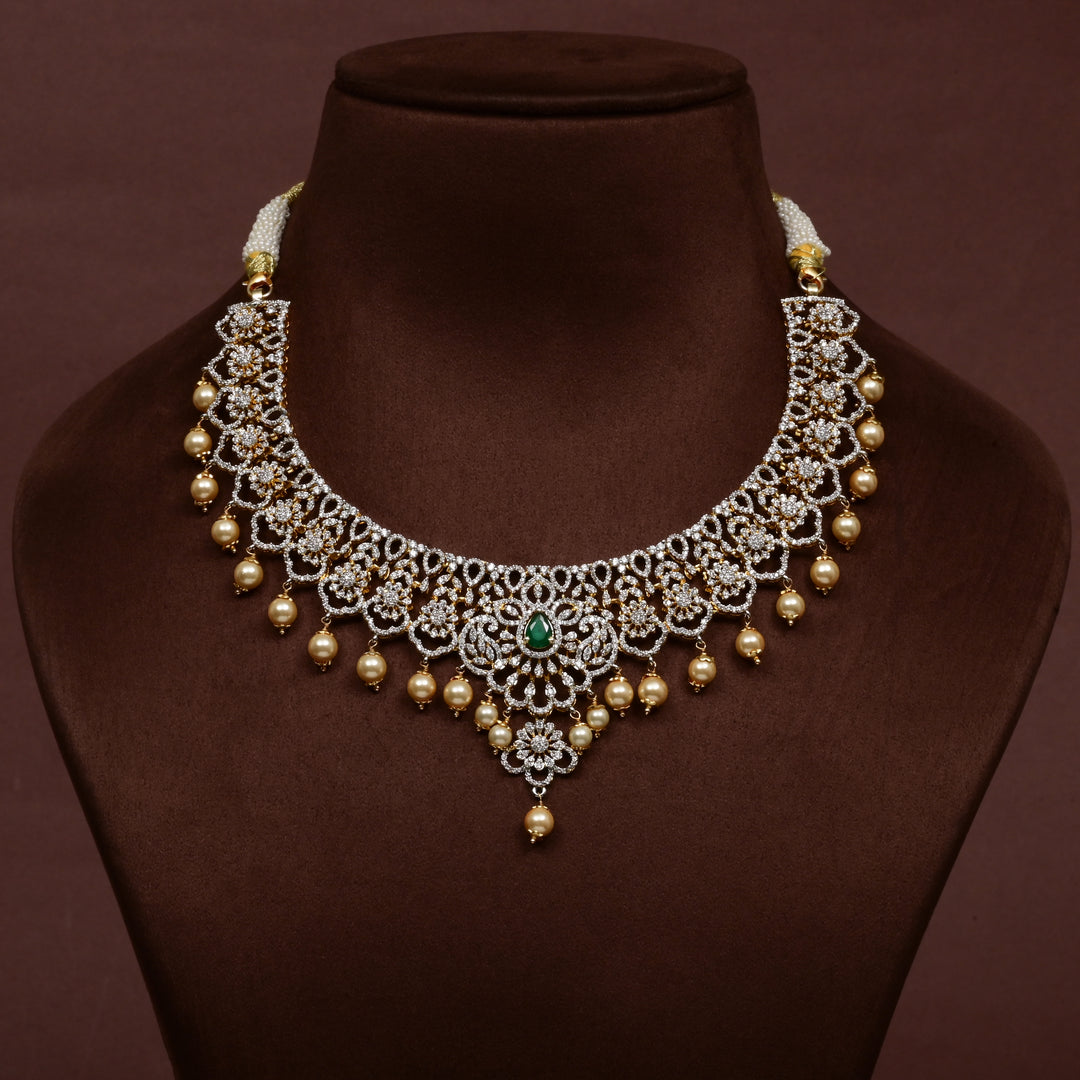 Luxury bridal necklace in 92.5 silver with cz stones and intricate design, handcrafted wedding jewellery for brides by Sri Fine Jewellery, Hyderabd
(https://srifinejewellery.com)