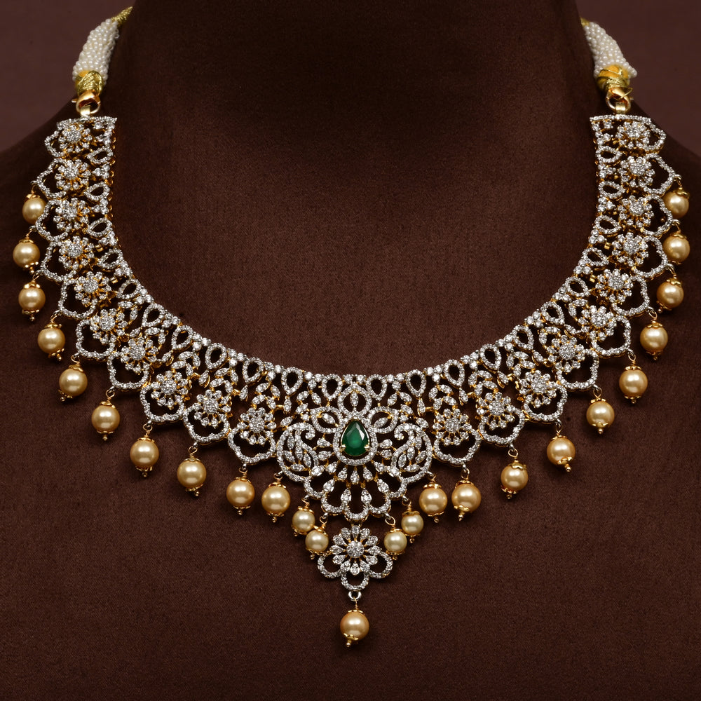 Luxury bridal necklace in 92.5 silver with cz stones and intricate design, handcrafted wedding jewellery for brides by Sri Fine Jewellery, Hyderabd
(https://srifinejewellery.com)
