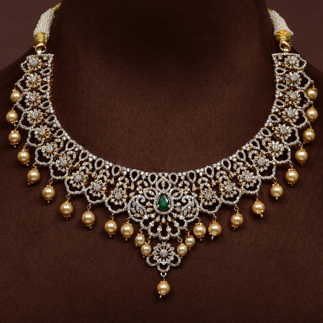 Luxury bridal necklace in 92.5 silver with cz stones and intricate design, handcrafted wedding jewellery for brides by Sri Fine Jewellery, Hyderabd
(https://srifinejewellery.com)