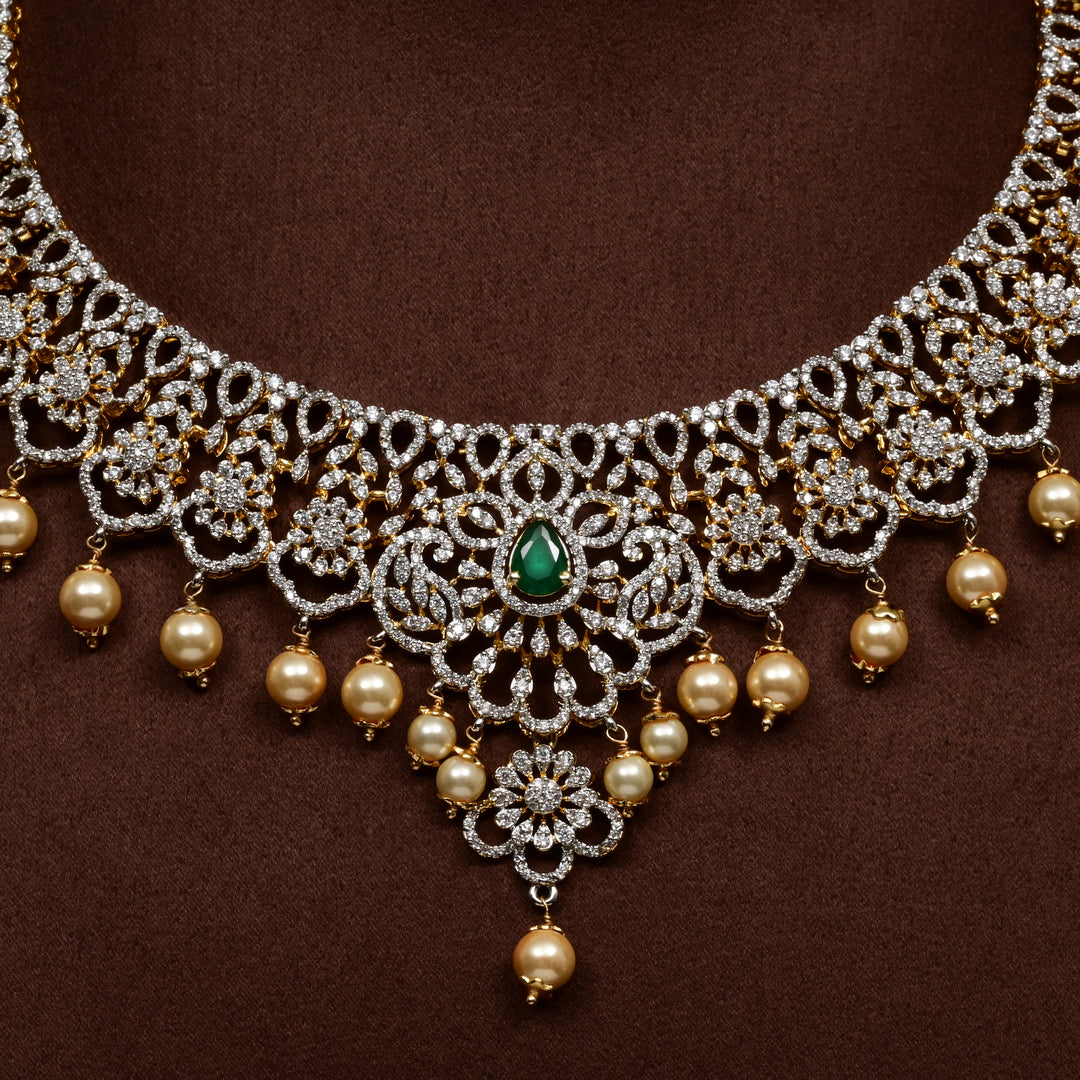 Luxury bridal necklace in 92.5 silver with cz stones and intricate design, handcrafted wedding jewellery for brides by Sri Fine Jewellery, Hyderabd
(https://srifinejewellery.com)