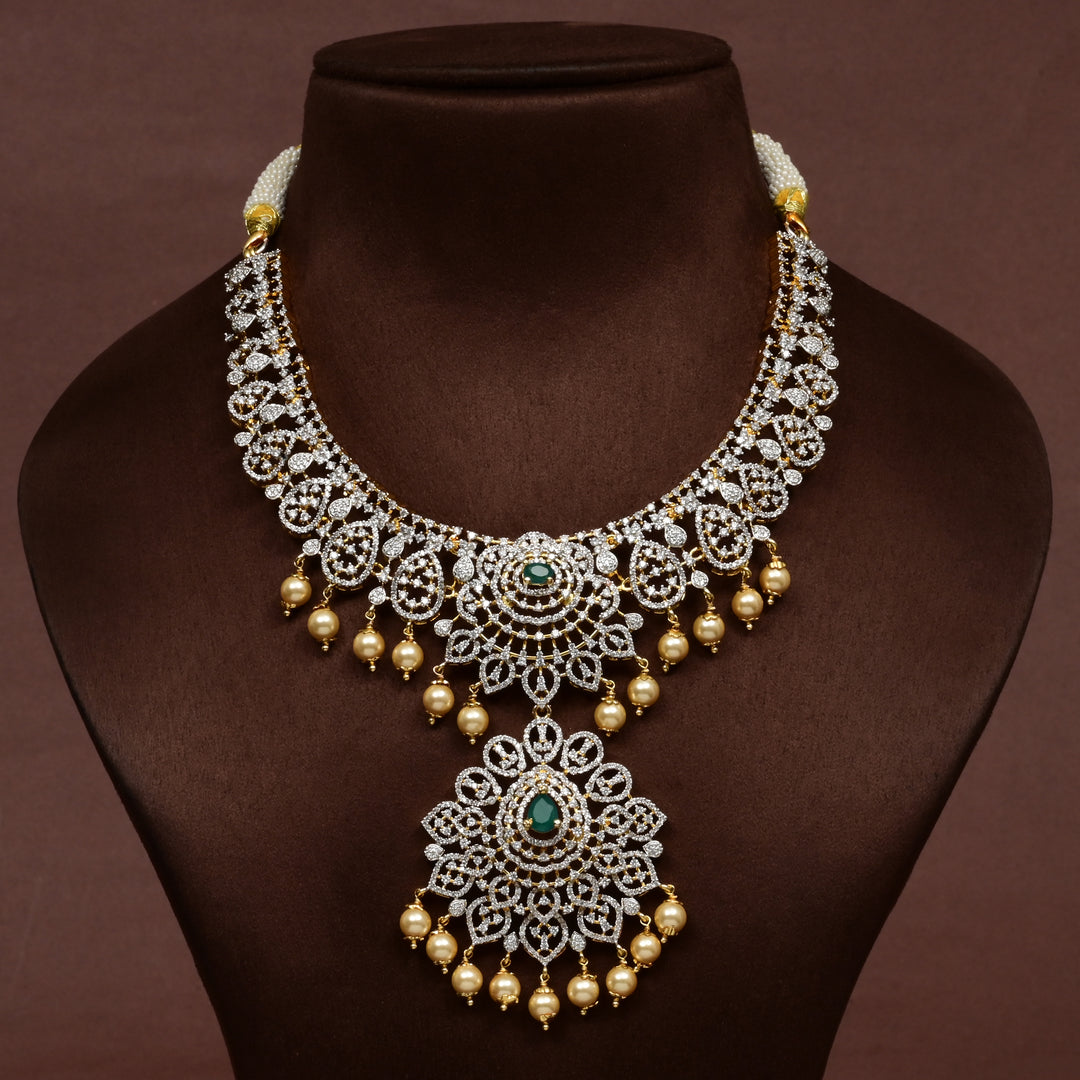 Luxury bridal necklace in 92.5 silver with cz stones and intricate design, handcrafted wedding jewellery for brides by Sri Fine Jewellery, Hyderabd
(https://srifinejewellery.com)
