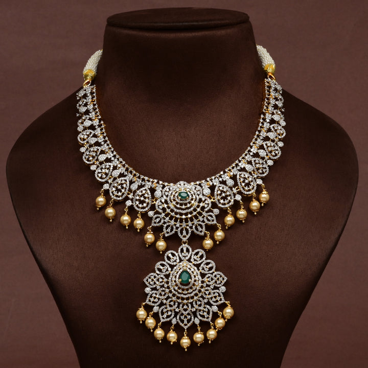 Luxury bridal necklace in 92.5 silver with cz stones and intricate design, handcrafted wedding jewellery for brides by Sri Fine Jewellery, Hyderabd
(https://srifinejewellery.com)