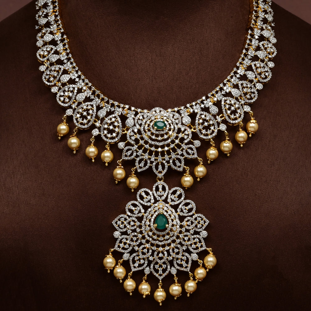 Luxury bridal necklace in 92.5 silver with cz stones and intricate design, handcrafted wedding jewellery for brides by Sri Fine Jewellery, Hyderabd
(https://srifinejewellery.com)