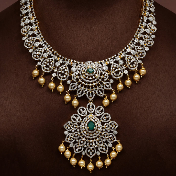 Luxury bridal necklace in 92.5 silver with cz stones and intricate design, handcrafted wedding jewellery for brides by Sri Fine Jewellery, Hyderabd
(https://srifinejewellery.com)