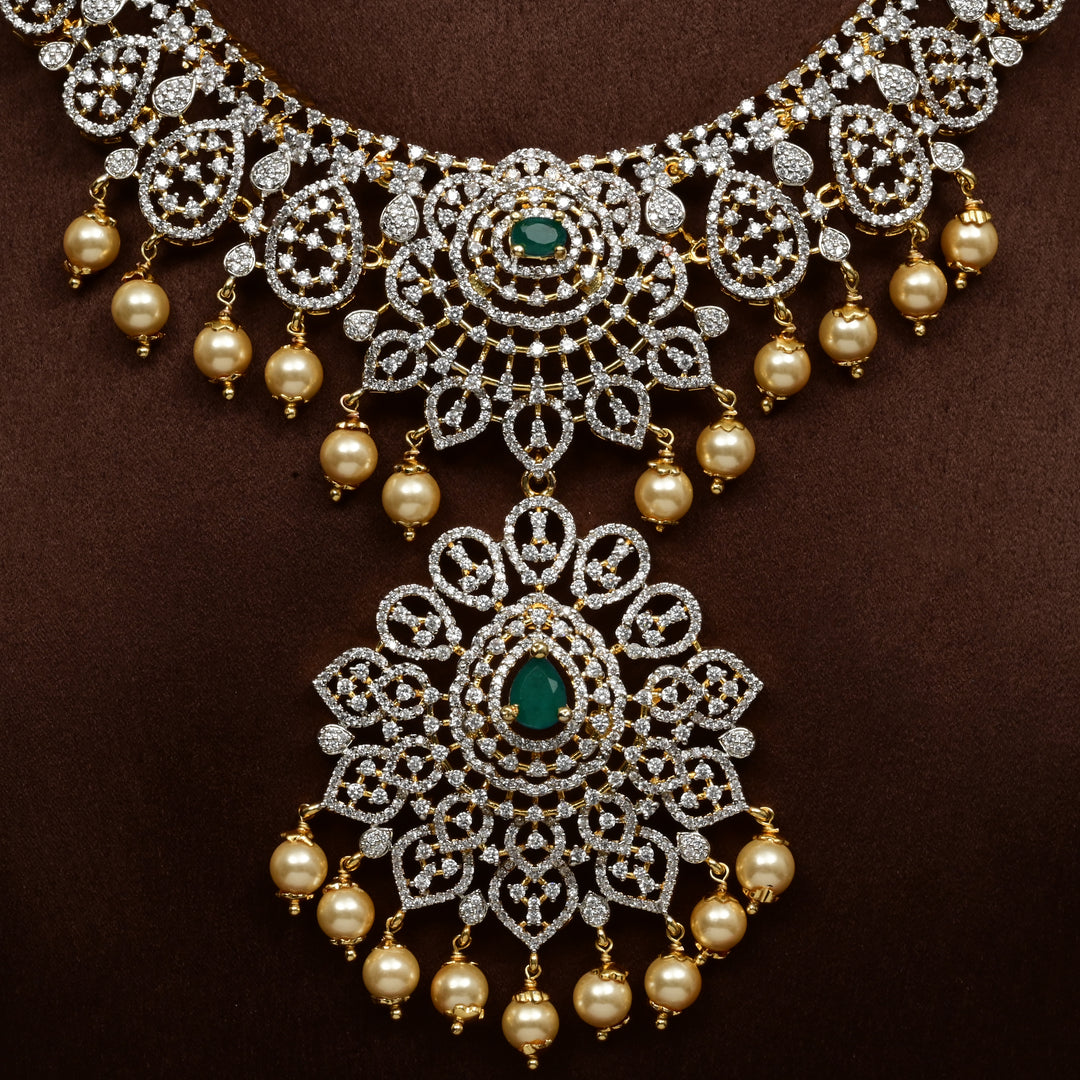 Luxury bridal necklace in 92.5 silver with cz stones and intricate design, handcrafted wedding jewellery for brides by Sri Fine Jewellery, Hyderabd
(https://srifinejewellery.com)