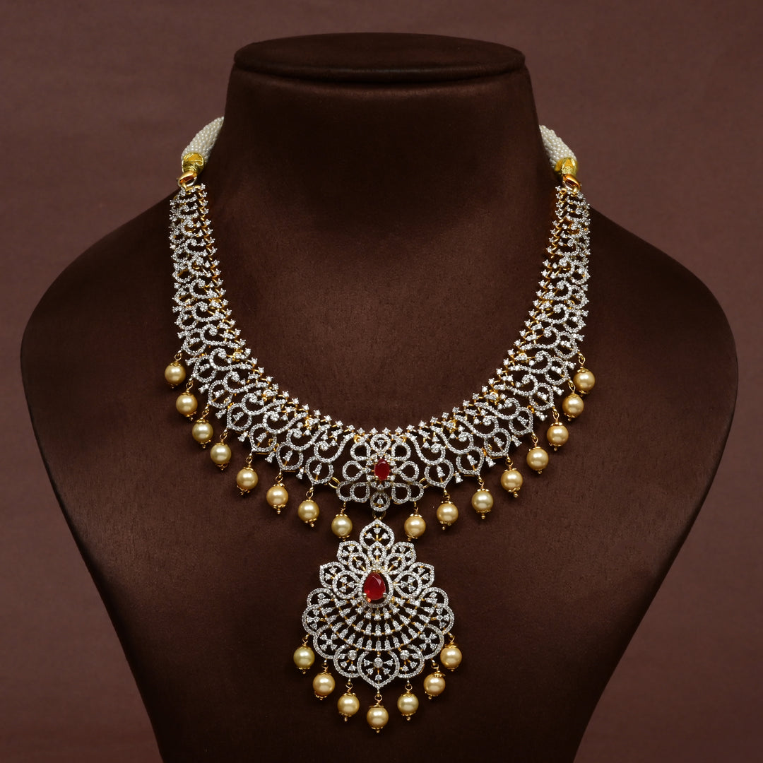 Luxury bridal necklace in 92.5 silver with cz stones and intricate design, handcrafted wedding jewellery for brides by Sri Fine Jewellery, Hyderabd
(https://srifinejewellery.com)