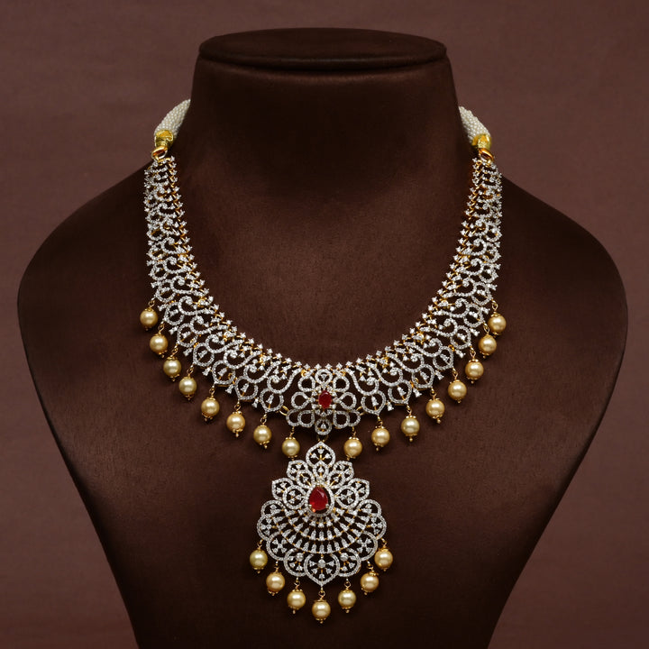 Luxury bridal necklace in 92.5 silver with cz stones and intricate design, handcrafted wedding jewellery for brides by Sri Fine Jewellery, Hyderabd
(https://srifinejewellery.com)