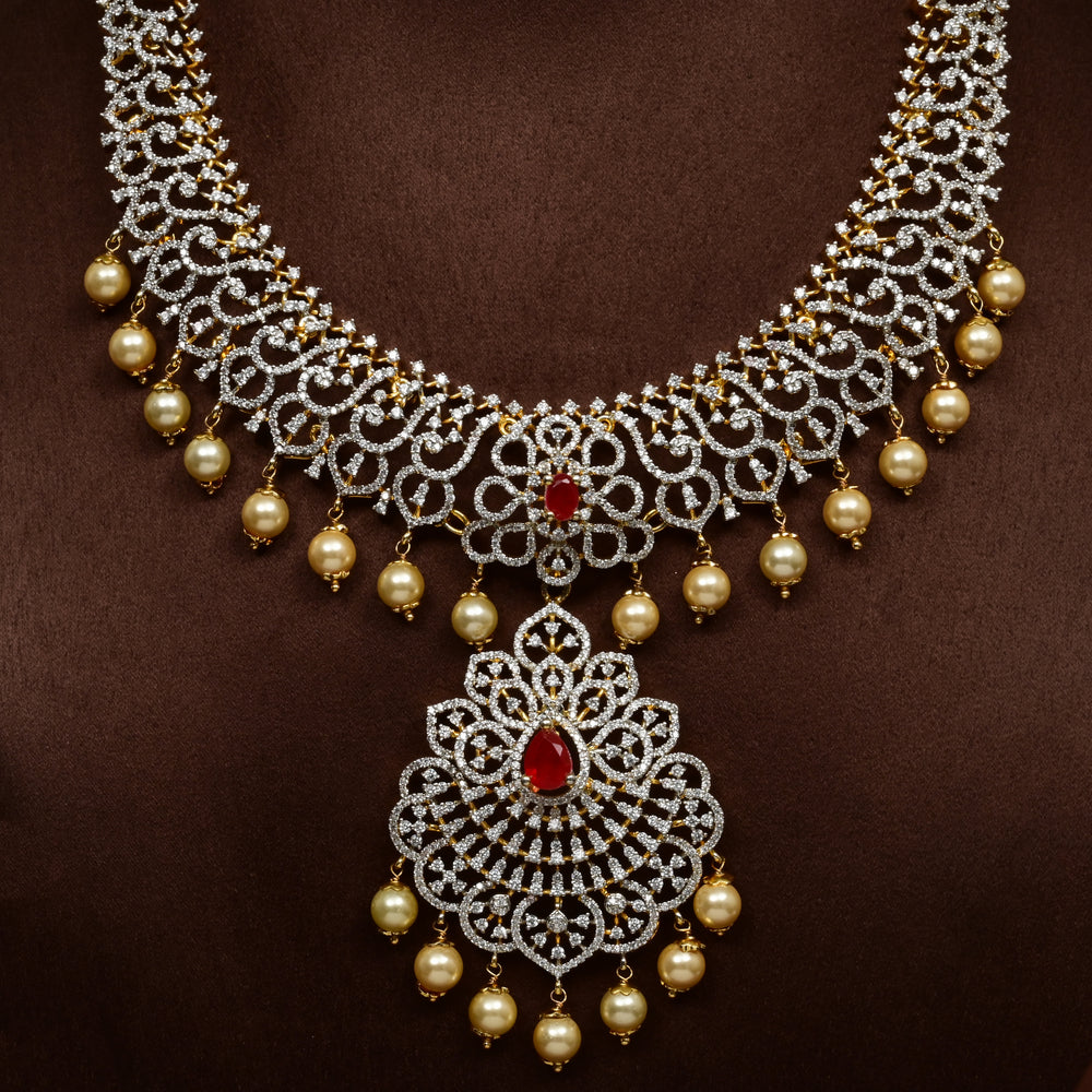 Luxury bridal necklace in 92.5 silver with cz stones and intricate design, handcrafted wedding jewellery for brides by Sri Fine Jewellery, Hyderabd
(https://srifinejewellery.com)
