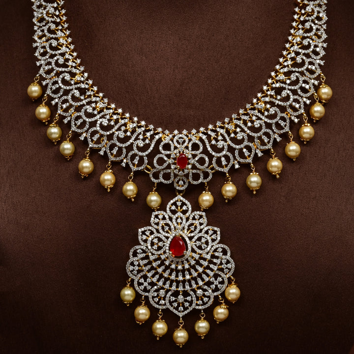 Luxury bridal necklace in 92.5 silver with cz stones and intricate design, handcrafted wedding jewellery for brides by Sri Fine Jewellery, Hyderabd
(https://srifinejewellery.com)
