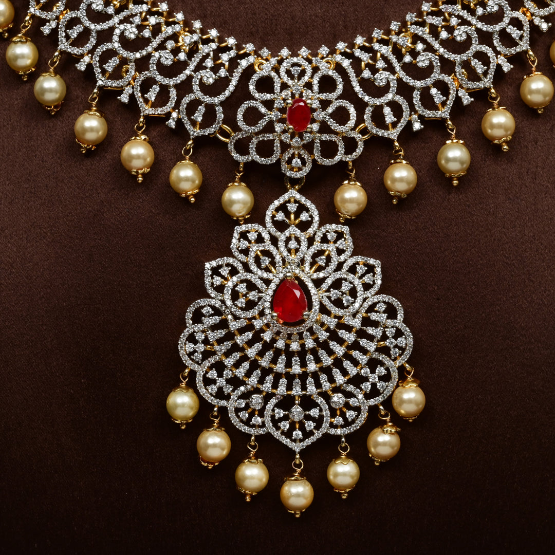 Luxury bridal necklace in 92.5 silver with cz stones and intricate design, handcrafted wedding jewellery for brides by Sri Fine Jewellery, Hyderabd
(https://srifinejewellery.com)