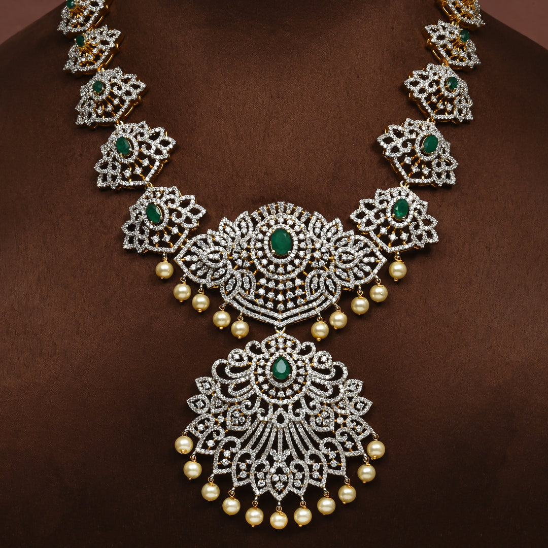Close-up of Hriday collection of 92.5 silver short necklace with CZ stones, intricate floral motifs, and pendant design for bridal and festive wear by Sri fine jewellery, Hyderabad.