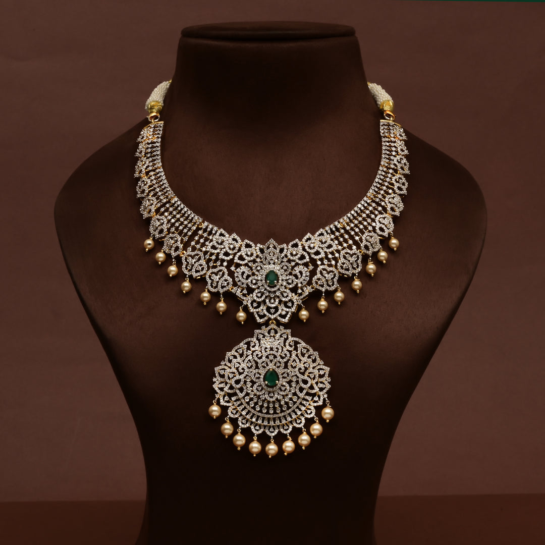 Full view of premium 92.5 silver cz emerald necklace with intricate detailing and pearl drops by Sri Fine Jewellery, Hyderabd
(https://srifinejewellery.com)