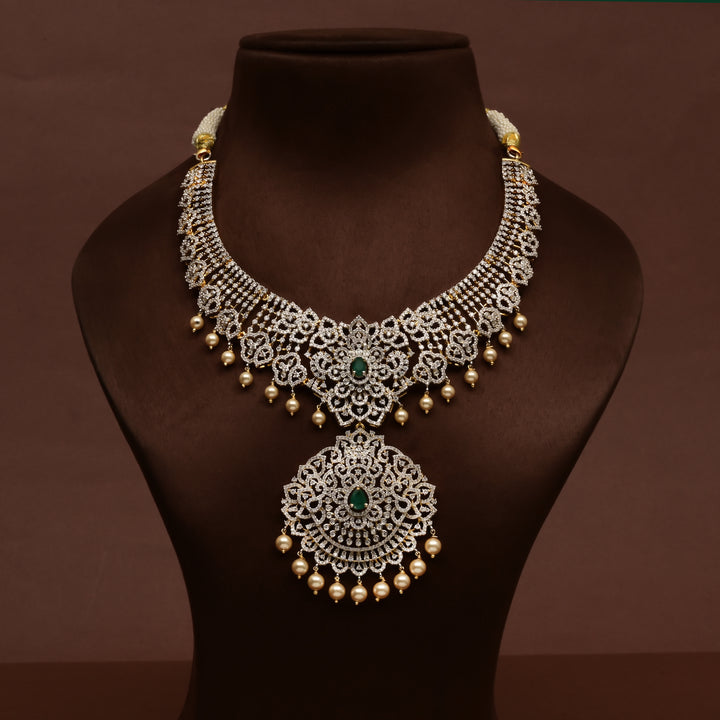 Full view of premium 92.5 silver cz emerald necklace with intricate detailing and pearl drops by Sri Fine Jewellery, Hyderabd
(https://srifinejewellery.com)