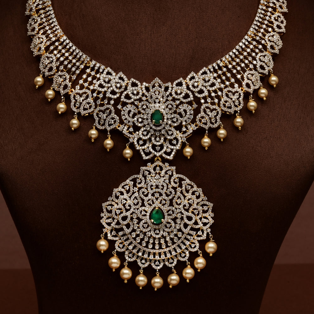 Front close-up view of premium 92.5 silver cz emerald necklace with intricate detailing and pearl drops by Sri Fine Jewellery, Hyderabd
(https://srifinejewellery.com)