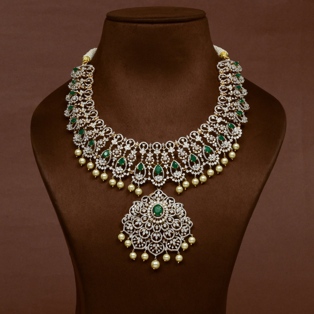 Hriday collection of 92.5 silver short necklace with CZ stones, intricate floral motifs, and pendant design for bridal and festive wear by Sri fine jewellery, Hyderabad.