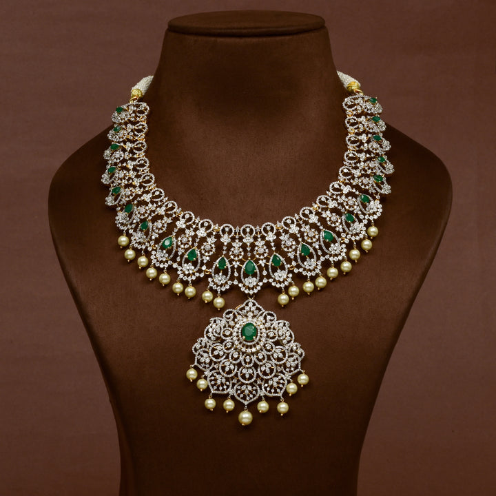 Hriday collection of 92.5 silver short necklace with CZ stones, intricate floral motifs, and pendant design for bridal and festive wear by Sri fine jewellery, Hyderabad.