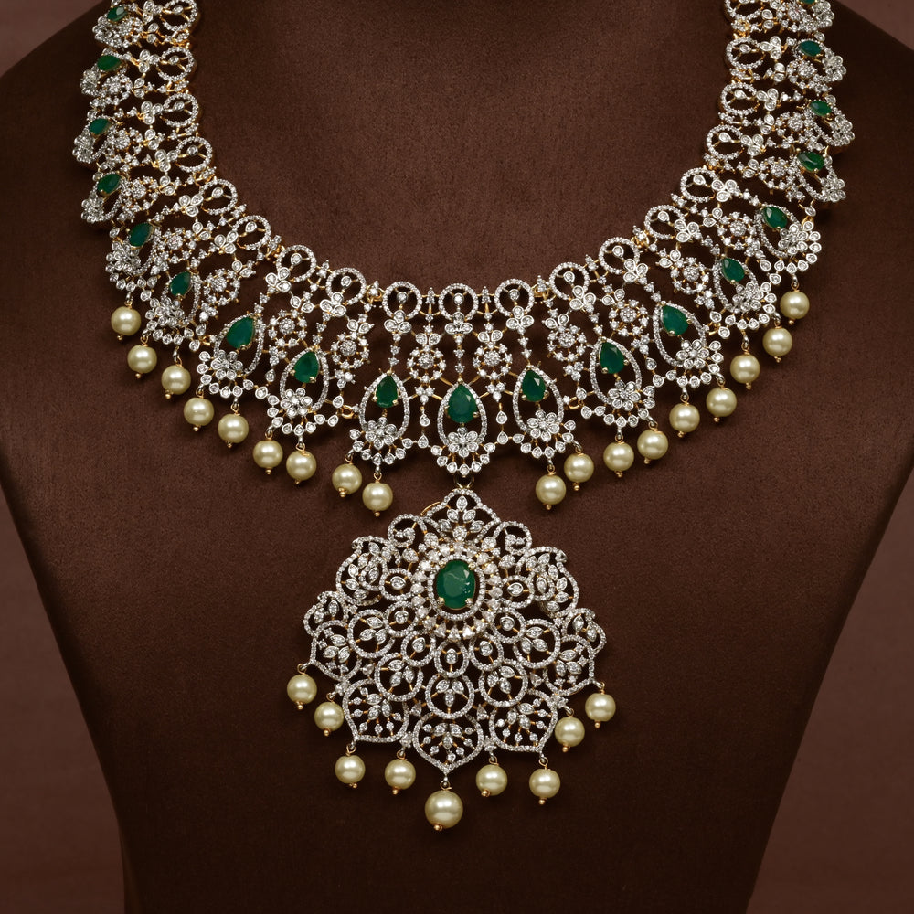 Close-up of Hriday collection of 92.5 silver short necklace with CZ stones, intricate floral motifs, and pendant design for bridal and festive wear by Sri fine jewellery, Hyderabad.