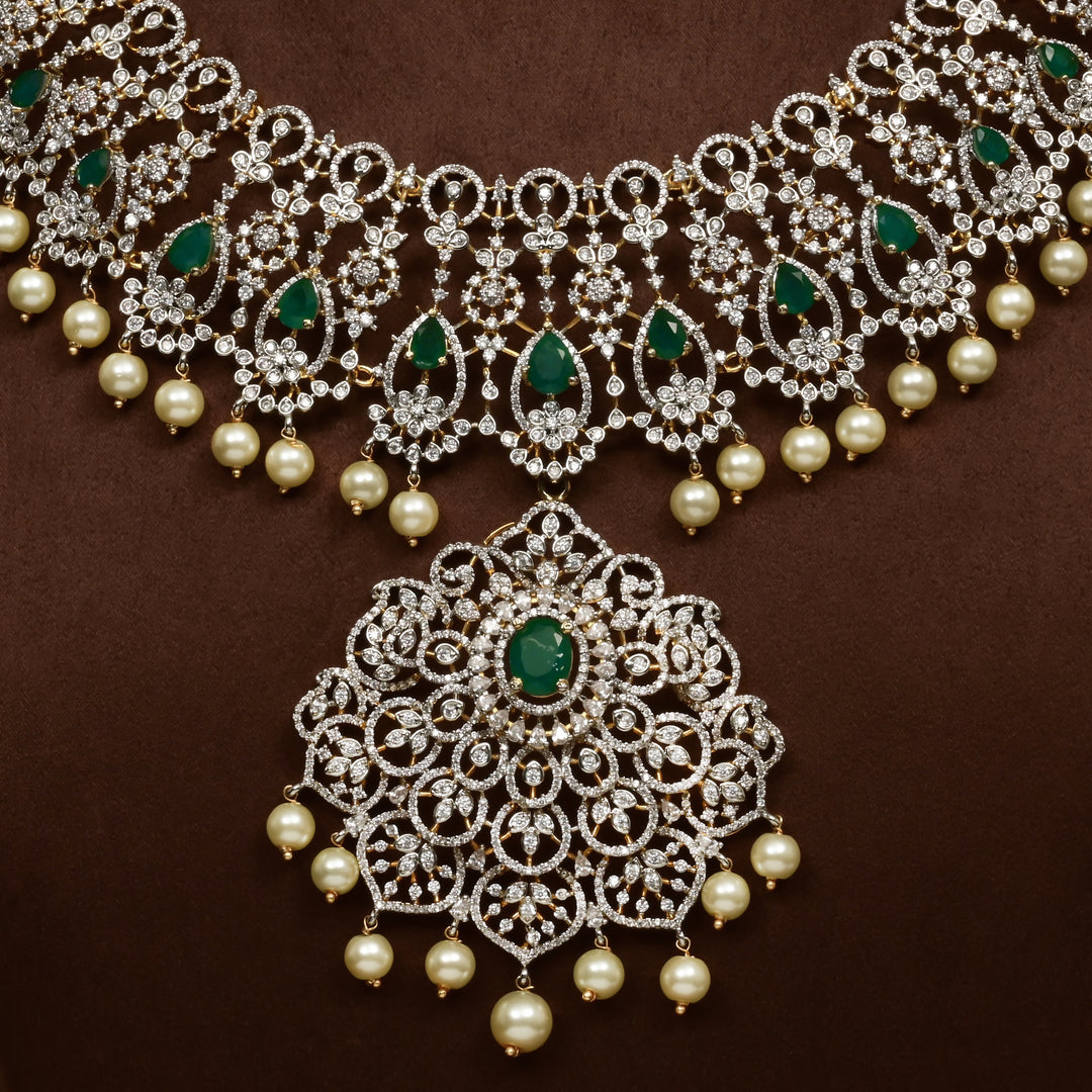 Close-up of Hriday collection of 92.5 silver short necklace with CZ stones, intricate floral motifs, and pendant design for bridal and festive wear by Sri fine jewellery, Hyderabad.