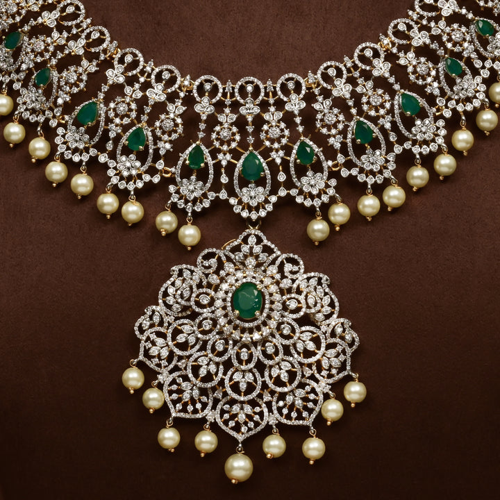Close-up of Hriday collection of 92.5 silver short necklace with CZ stones, intricate floral motifs, and pendant design for bridal and festive wear by Sri fine jewellery, Hyderabad.