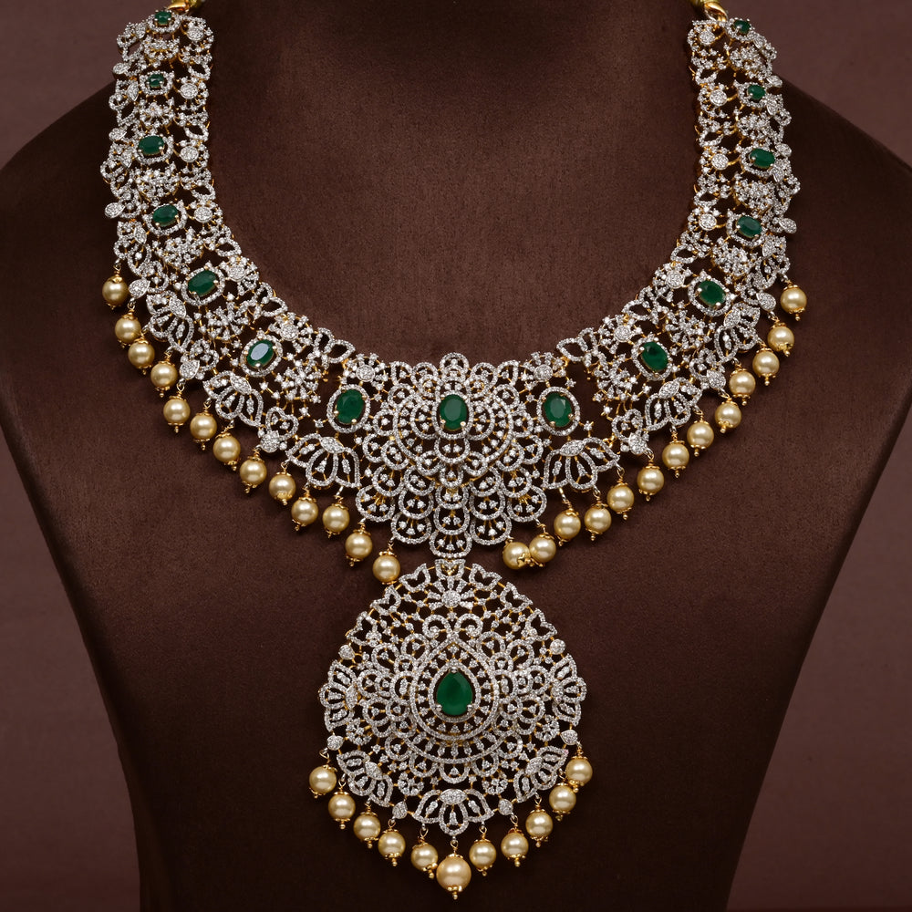 Close-up of Hriday collection of 92.5 silver short necklace with CZ stones, intricate floral motifs, and pendant design for bridal and festive wear by Sri fine jewellery, Hyderabad.