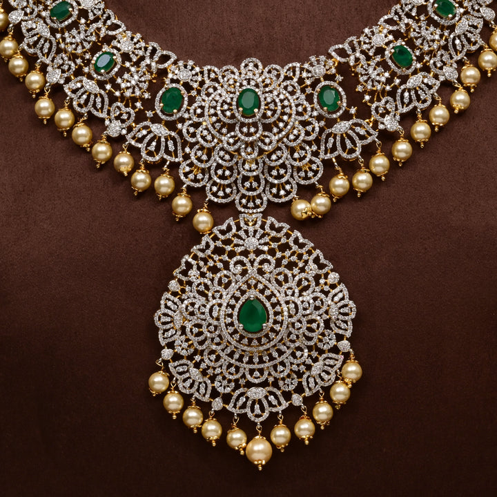 Close-up of Hriday collection of 92.5 silver short necklace with CZ stones, intricate floral motifs, and pendant design for bridal and festive wear by Sri fine jewellery, Hyderabad.