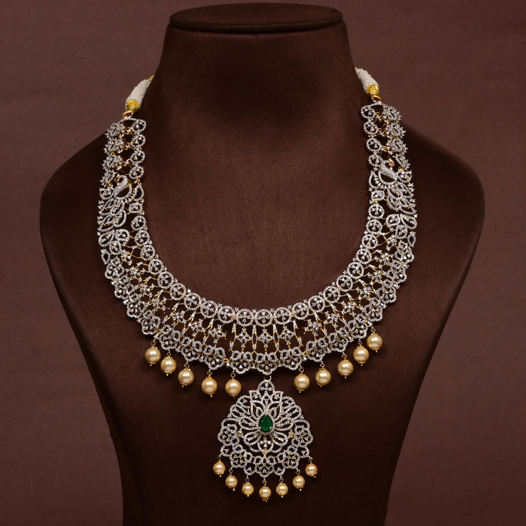 Hriday collection of 92.5 silver short necklace with CZ stones, intricate floral motifs, and pendant design for bridal and festive wear by Sri fine jewellery, Hyderabad.