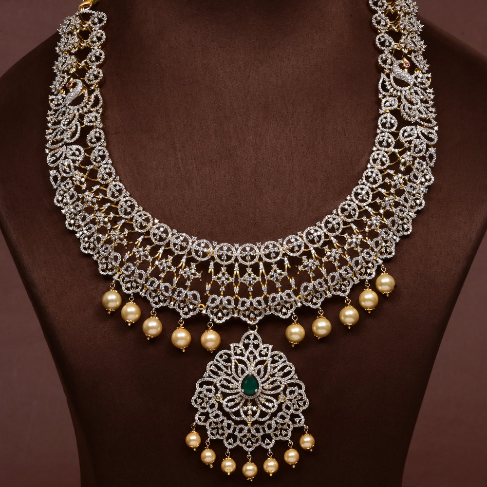 Hriday collection of 92.5 silver short necklace with CZ stones, intricate floral motifs, and pendant design for bridal and festive wear by Sri fine jewellery, Hyderabad.