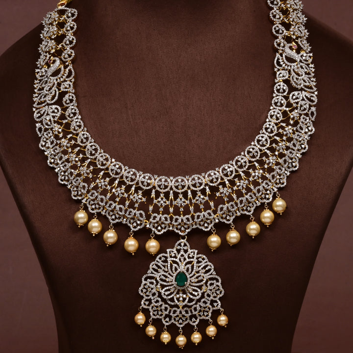 Hriday collection of 92.5 silver short necklace with CZ stones, intricate floral motifs, and pendant design for bridal and festive wear by Sri fine jewellery, Hyderabad.