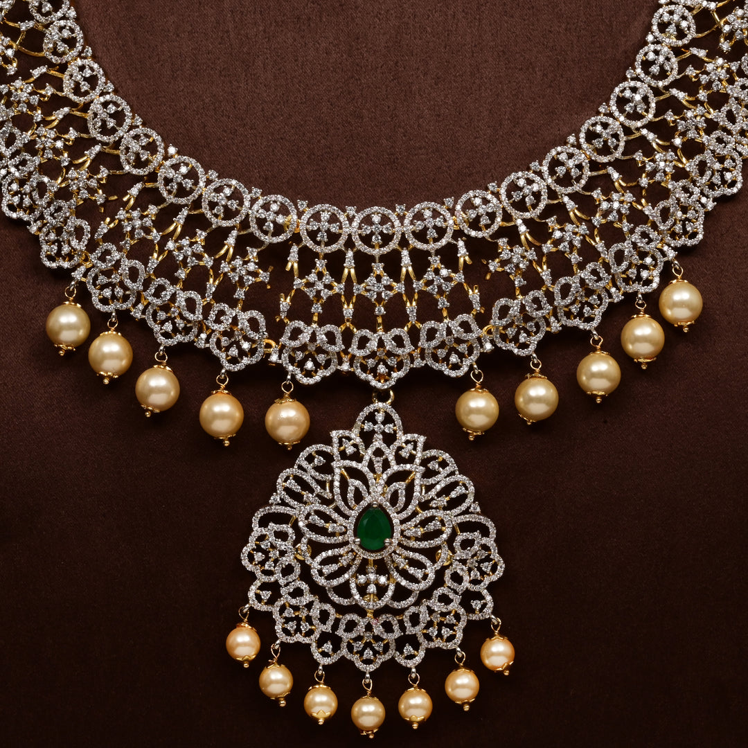 Close-up of Hriday collection of 92.5 silver short necklace with CZ stones, intricate floral motifs, and pendant design for bridal and festive wear by Sri fine jewellery, Hyderabad.