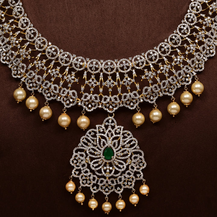 Close-up of Hriday collection of 92.5 silver short necklace with CZ stones, intricate floral motifs, and pendant design for bridal and festive wear by Sri fine jewellery, Hyderabad.
