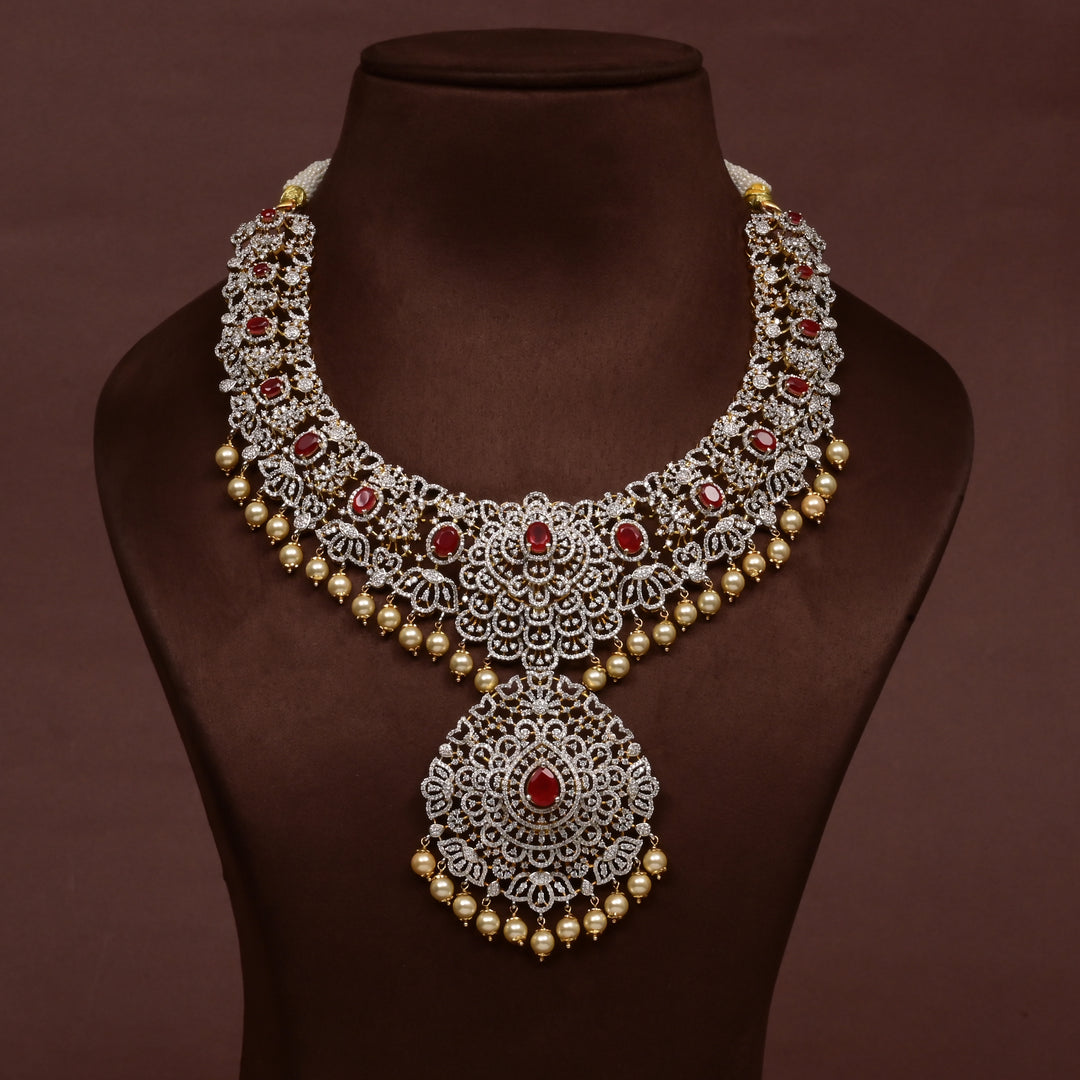 Hriday collection of 92.5 silver short necklace with CZ stones, intricate floral motifs, and pendant design for bridal and festive wear by Sri fine jewellery, Hyderabad.