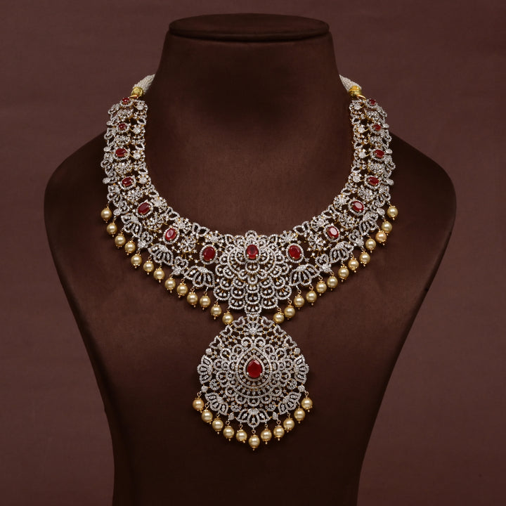 Hriday collection of 92.5 silver short necklace with CZ stones, intricate floral motifs, and pendant design for bridal and festive wear by Sri fine jewellery, Hyderabad.