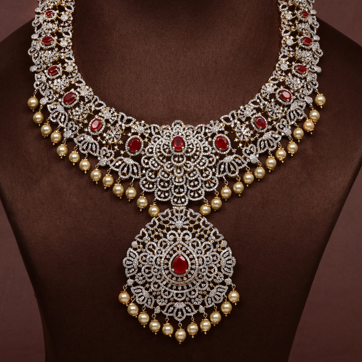 Close-up of Hriday collection of 92.5 silver short necklace with CZ stones, intricate floral motifs, and pendant design for bridal and festive wear by Sri fine jewellery, Hyderabad.